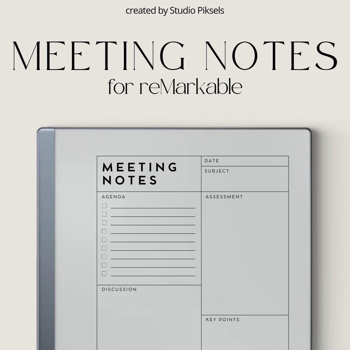 Meeting Minutes Notebook PDF for reMarkable 2 and Paper Pure with grayscale meeting note templates and structured digital writing pages