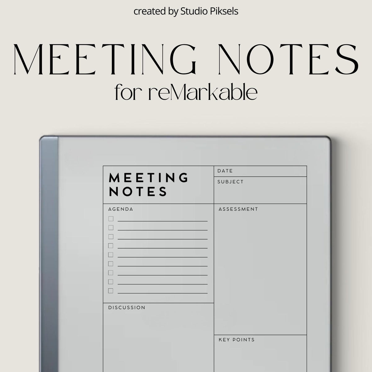 Meeting Minutes Notebook PDF for reMarkable 2 and Paper Pure with grayscale meeting note templates and structured digital writing pages