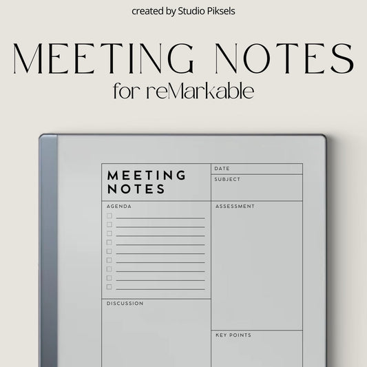 Meeting Minutes Notebook PDF for reMarkable 2 and Paper Pure with grayscale meeting note templates and structured digital writing pages