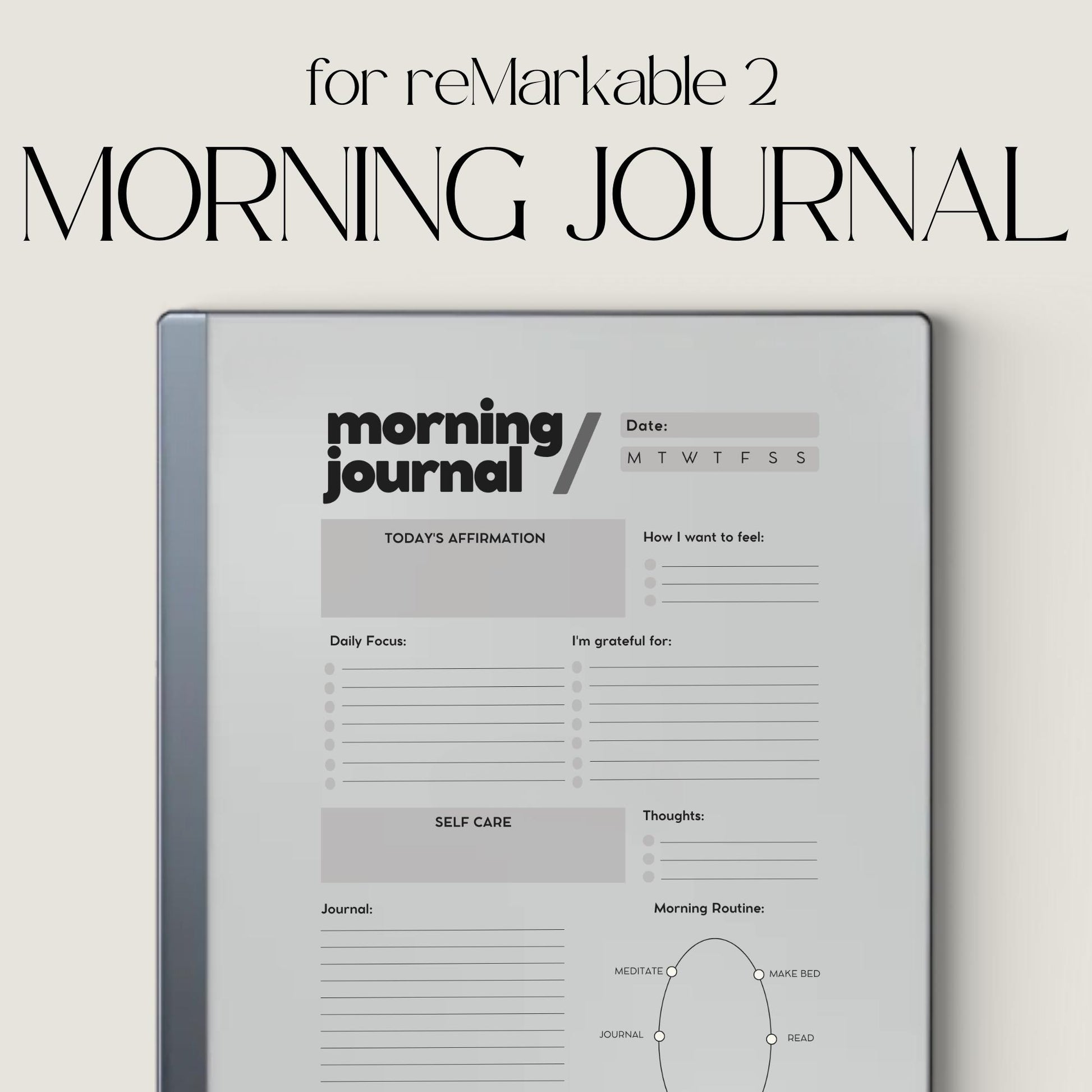 Minimalist Morning Journal PDF for reMarkable 2 and Paper Pure with gratitude prompts and grayscale reflection pages for mindful journaling
