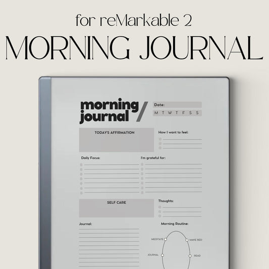 Minimalist Morning Journal PDF for reMarkable 2 and Paper Pure with gratitude prompts and grayscale reflection pages for mindful journaling