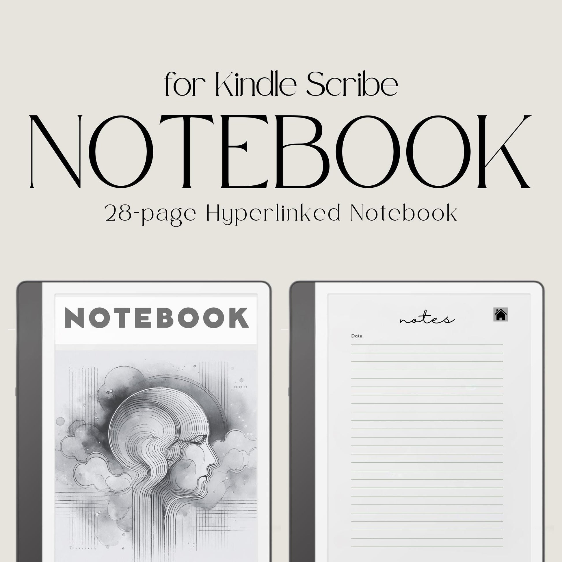 Hyperlinked Notebook for Kindle Scribe with lined digital note-taking pages, watercolor cover design, and clickable index navigation.