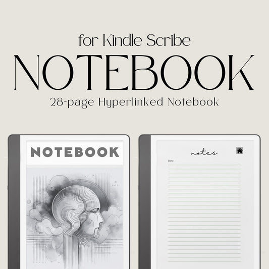 Hyperlinked Notebook for Kindle Scribe with lined digital note-taking pages, watercolor cover design, and clickable index navigation.