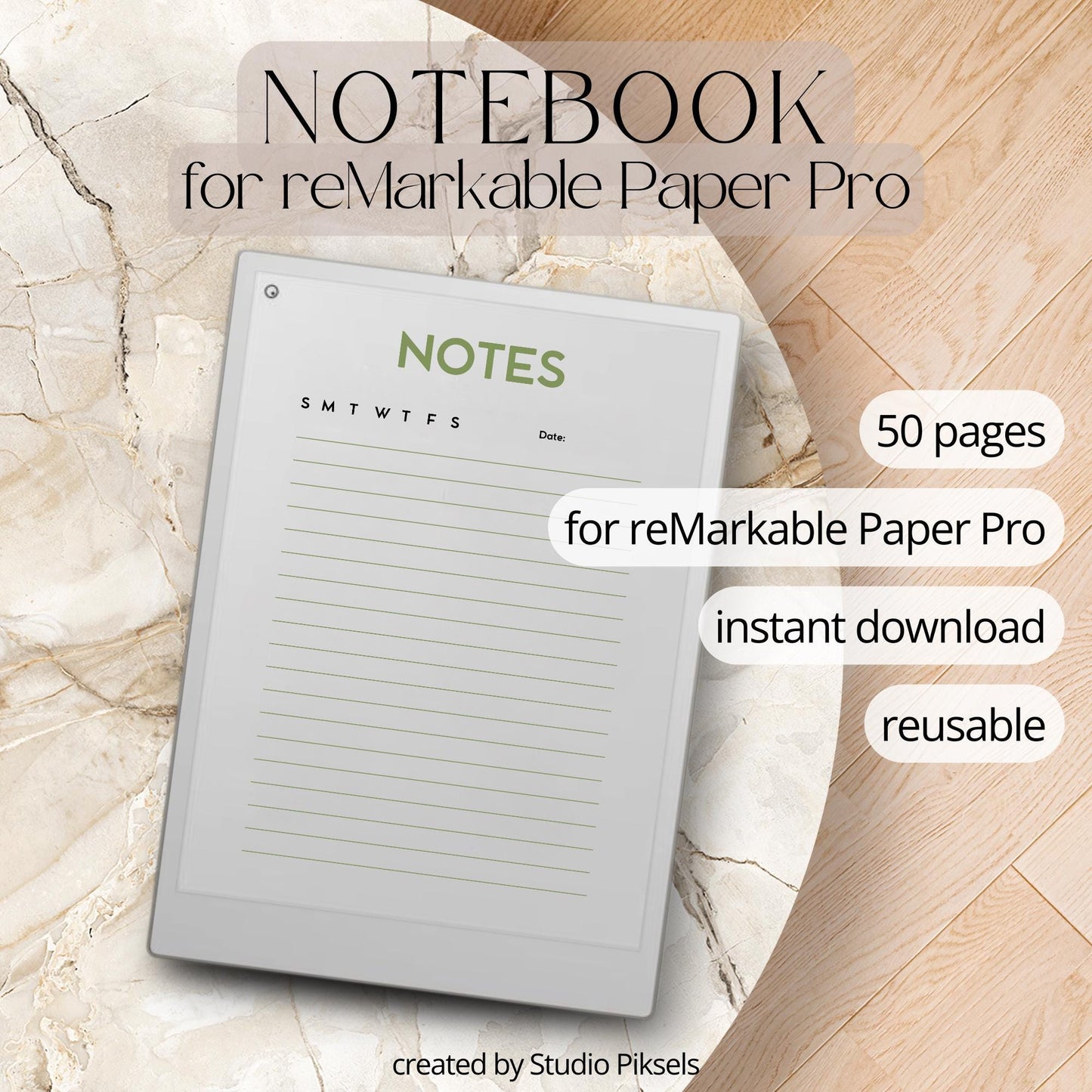 Minimalist Notebook for reMarkable Paper Pro with 50 clean note pages and simple date layout for daily note taking.