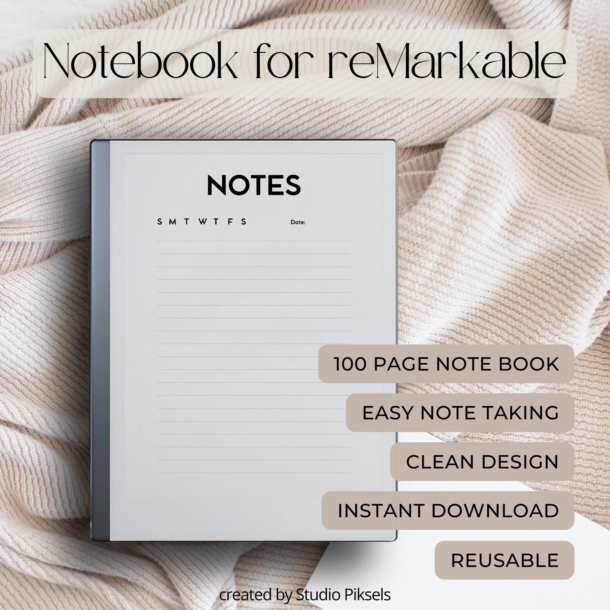Minimalist Notebook for reMarkable featuring a clean digital PDF layout with 100 note pages, simple writing space, high-resolution design, reusable format, and sections for everyday notes, journaling, study notes, meeting notes, planning, and personal organization.