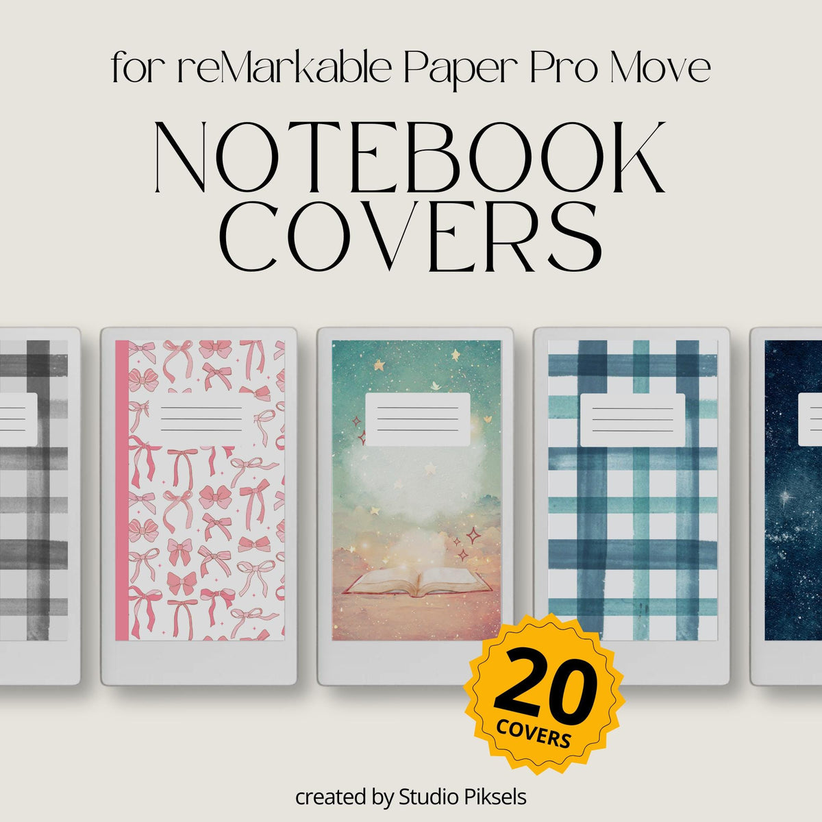 Mixed Pattern Notebook Cover Bundle for reMarkable Paper Pro Move: Digital Covers With Plaid, Celestial, and Whimsical Designs