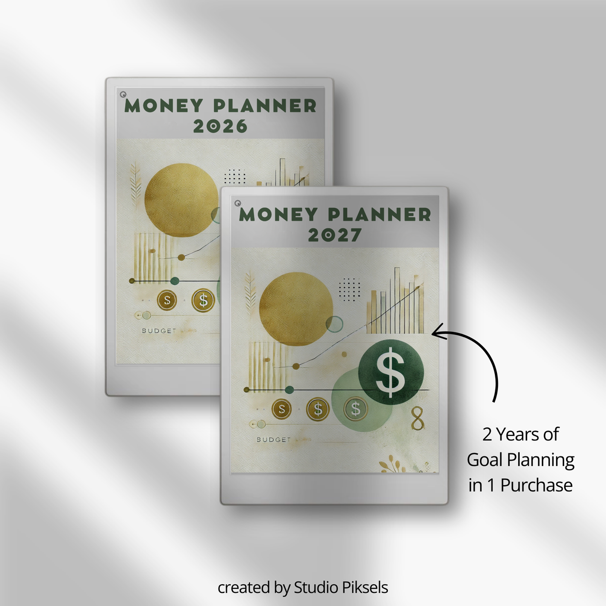 2026 + 2027 digital budget planner for reMarkable Paper Pro with budget, expense, savings, and financial goal trackers.