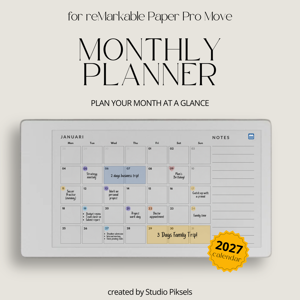 2027 Landscape Monthly Calendar for reMarkable Paper Pro featuring 12 monthly calendar pages with spacious date layouts and a quick notes area.
