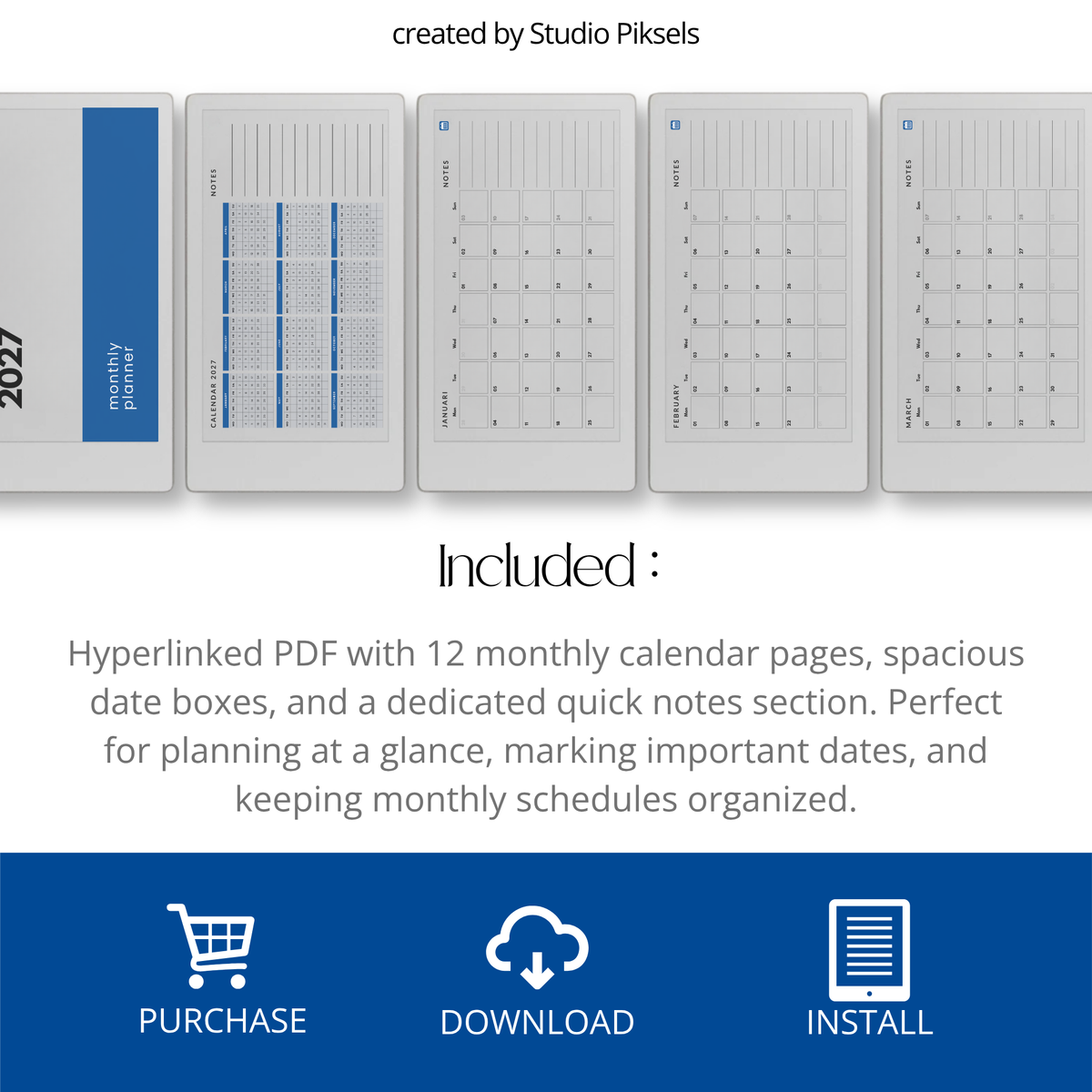 2027 Landscape Monthly Calendar for reMarkable Paper Pro featuring 12 monthly calendar pages with spacious date layouts and a quick notes area.