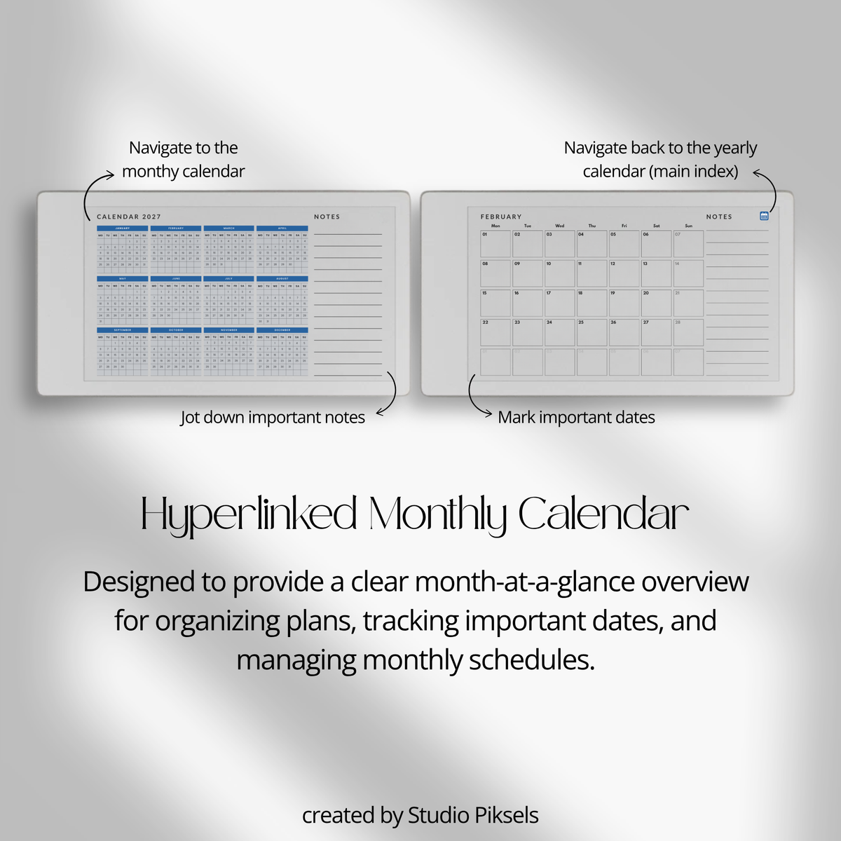 2027 Landscape Monthly Calendar for reMarkable Paper Pro featuring 12 monthly calendar pages with spacious date layouts and a quick notes area.