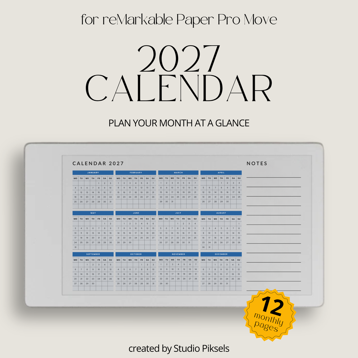 2027 Landscape Monthly Calendar for reMarkable Paper Pro featuring 12 monthly calendar pages with spacious date layouts and a quick notes area.