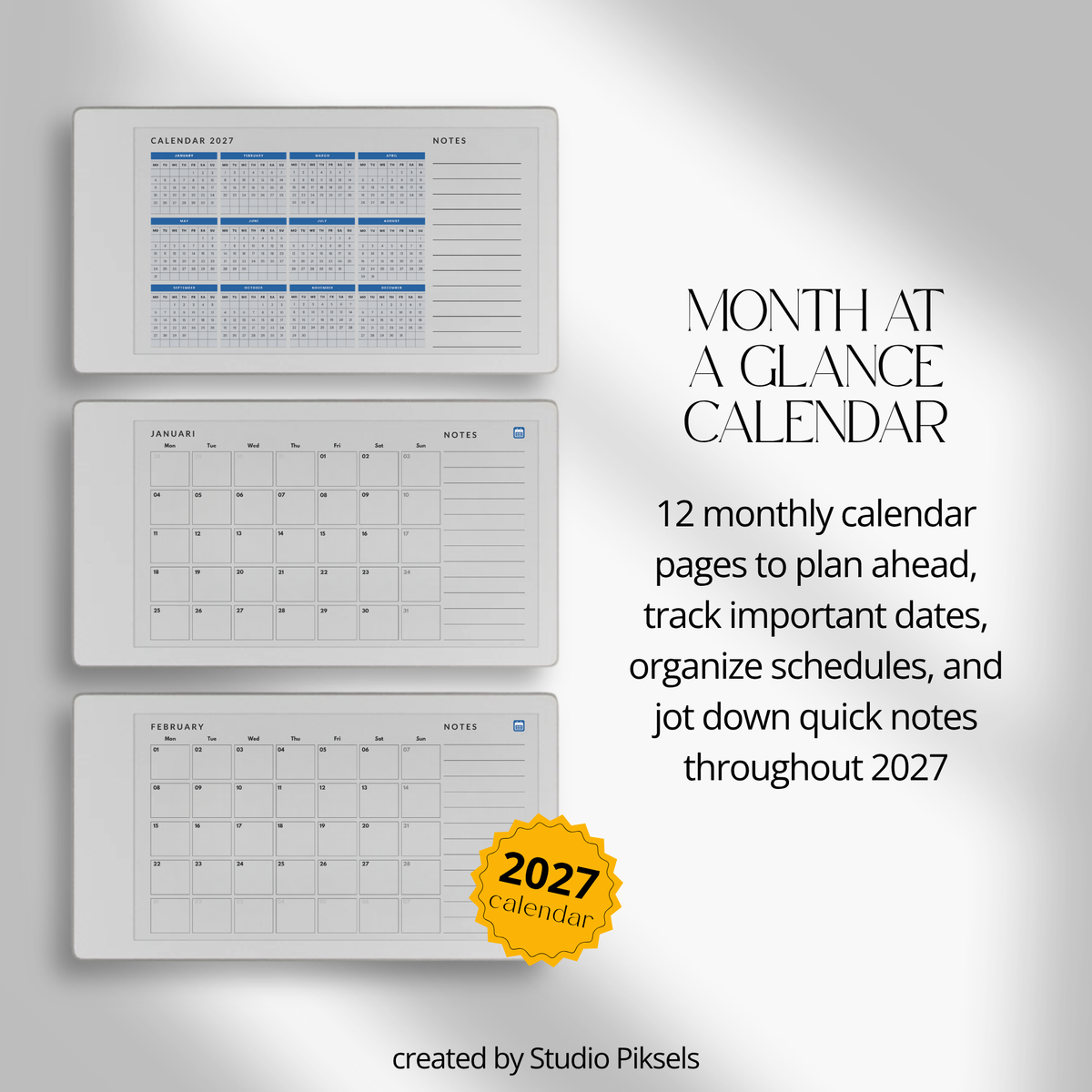 2027 Landscape Monthly Calendar for reMarkable Paper Pro featuring 12 monthly calendar pages with spacious date layouts and a quick notes area.