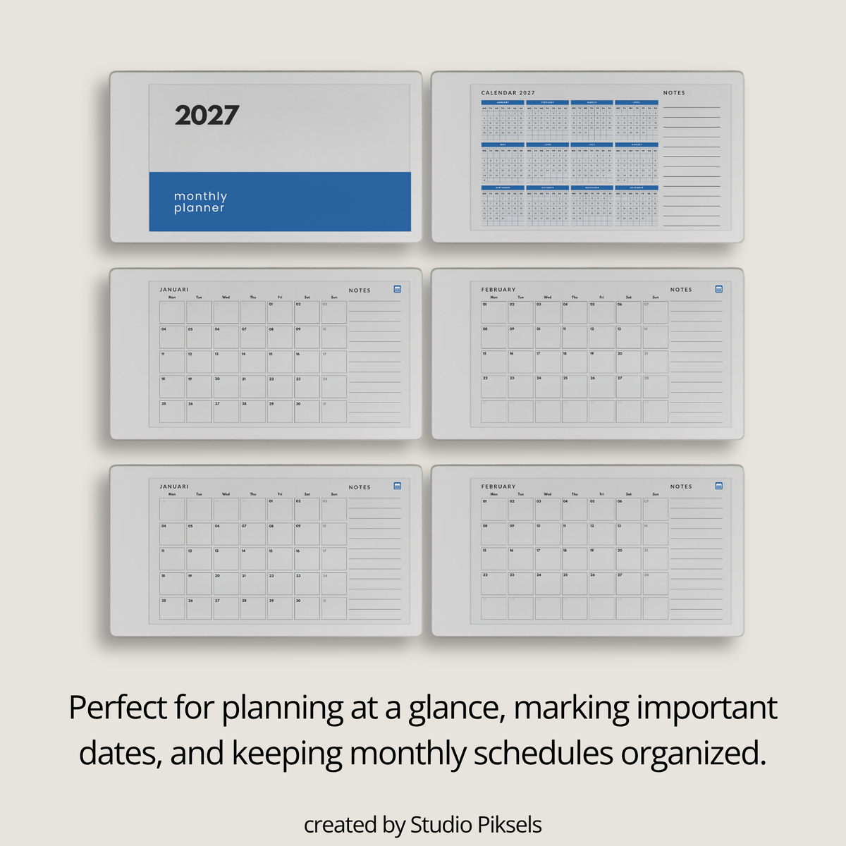 2027 Landscape Monthly Calendar for reMarkable Paper Pro featuring 12 monthly calendar pages with spacious date layouts and a quick notes area.