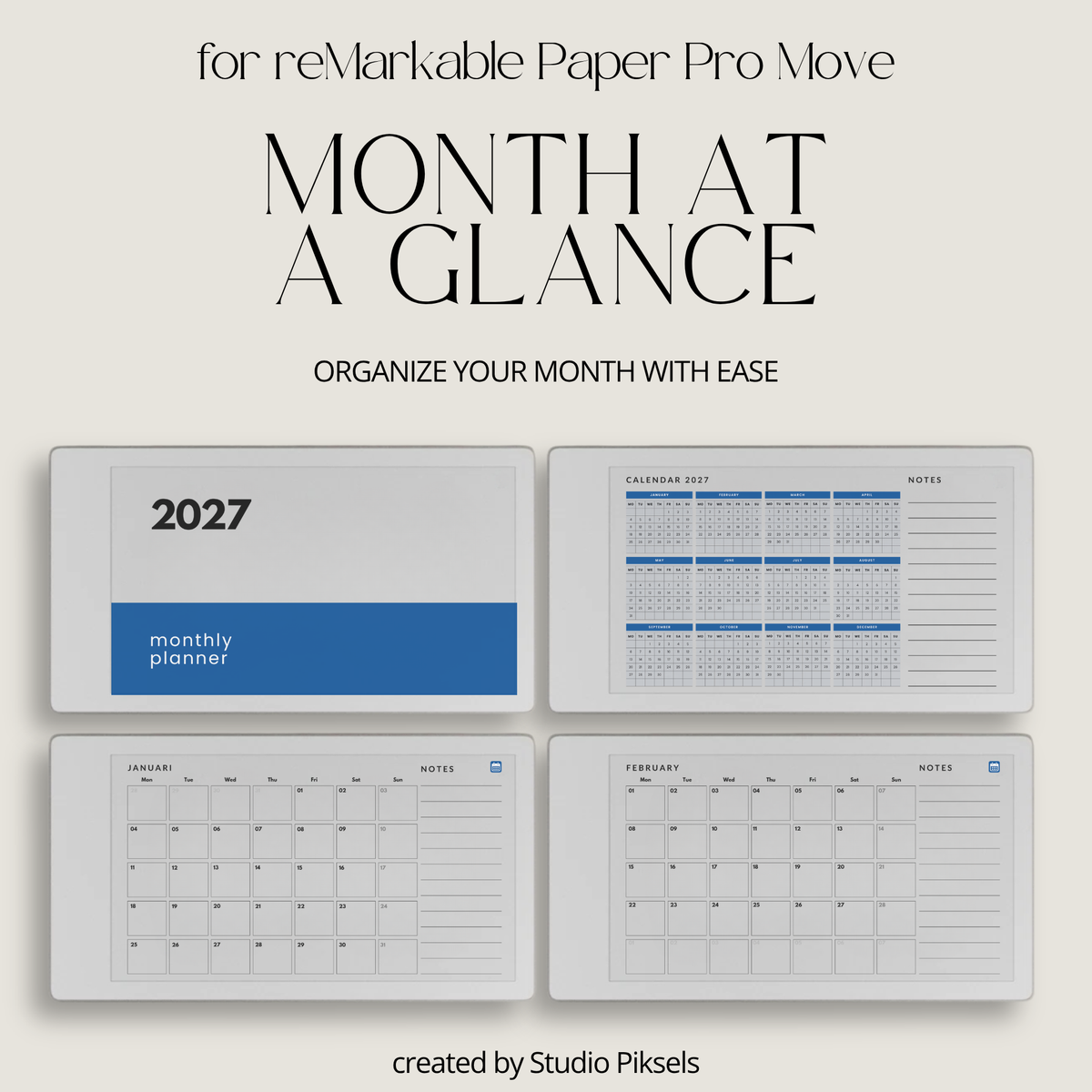 2027 Landscape Monthly Calendar for reMarkable Paper Pro featuring 12 monthly calendar pages with spacious date layouts and a quick notes area.