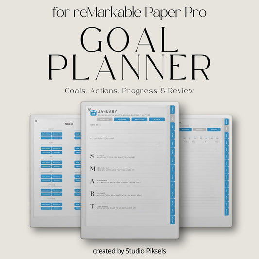 Goal planner for reMarkable Paper Pro with hyperlinked monthly planning and progress tracking pages.