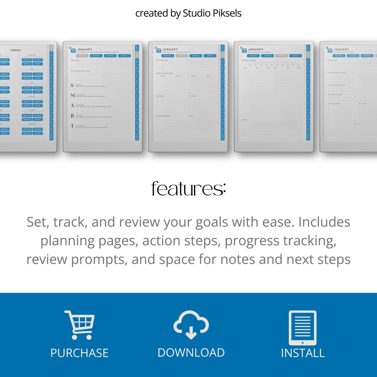Goal planner for reMarkable Paper Pro with hyperlinked monthly planning and progress tracking pages.