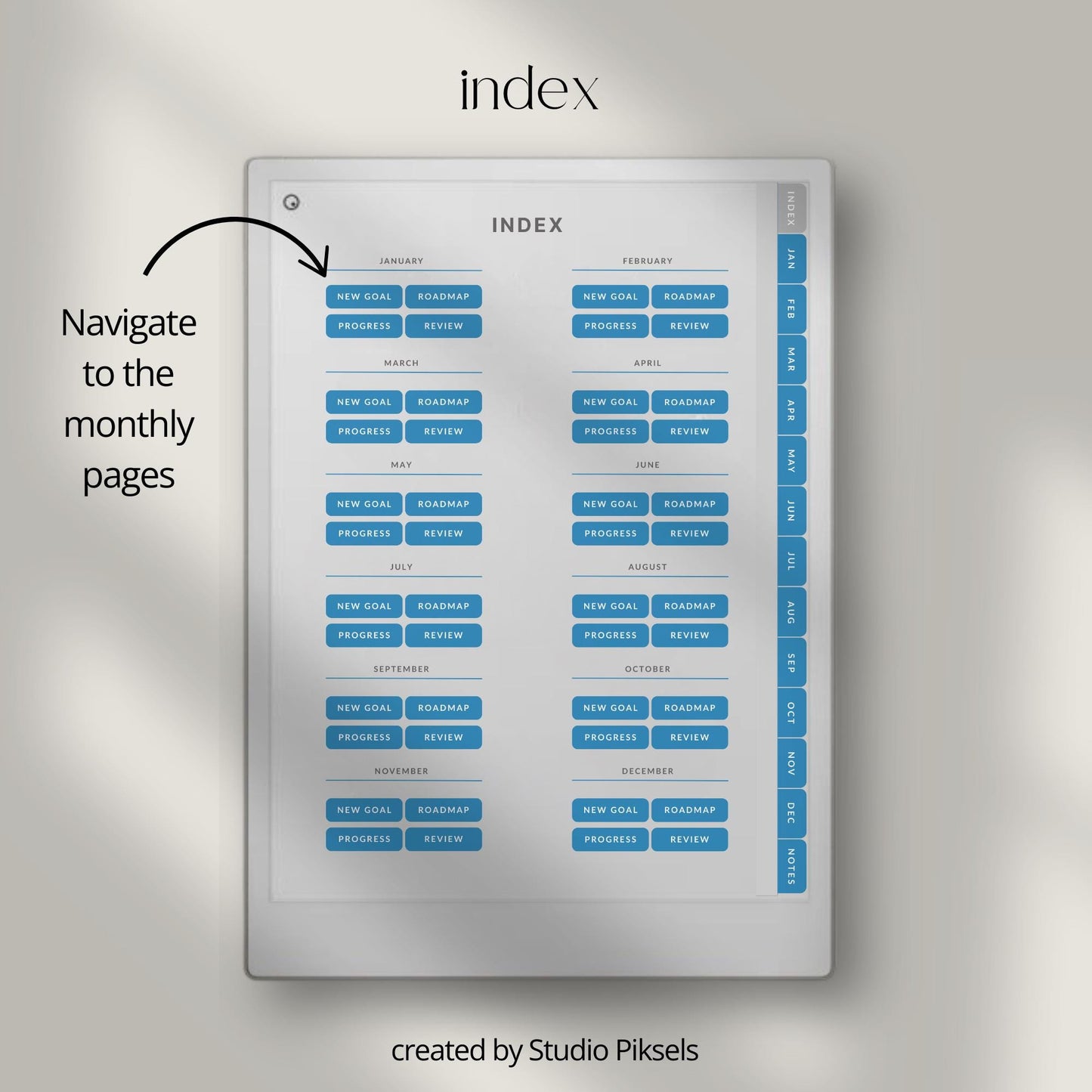 Goal planner for reMarkable Paper Pro with hyperlinked monthly planning and progress tracking pages.
