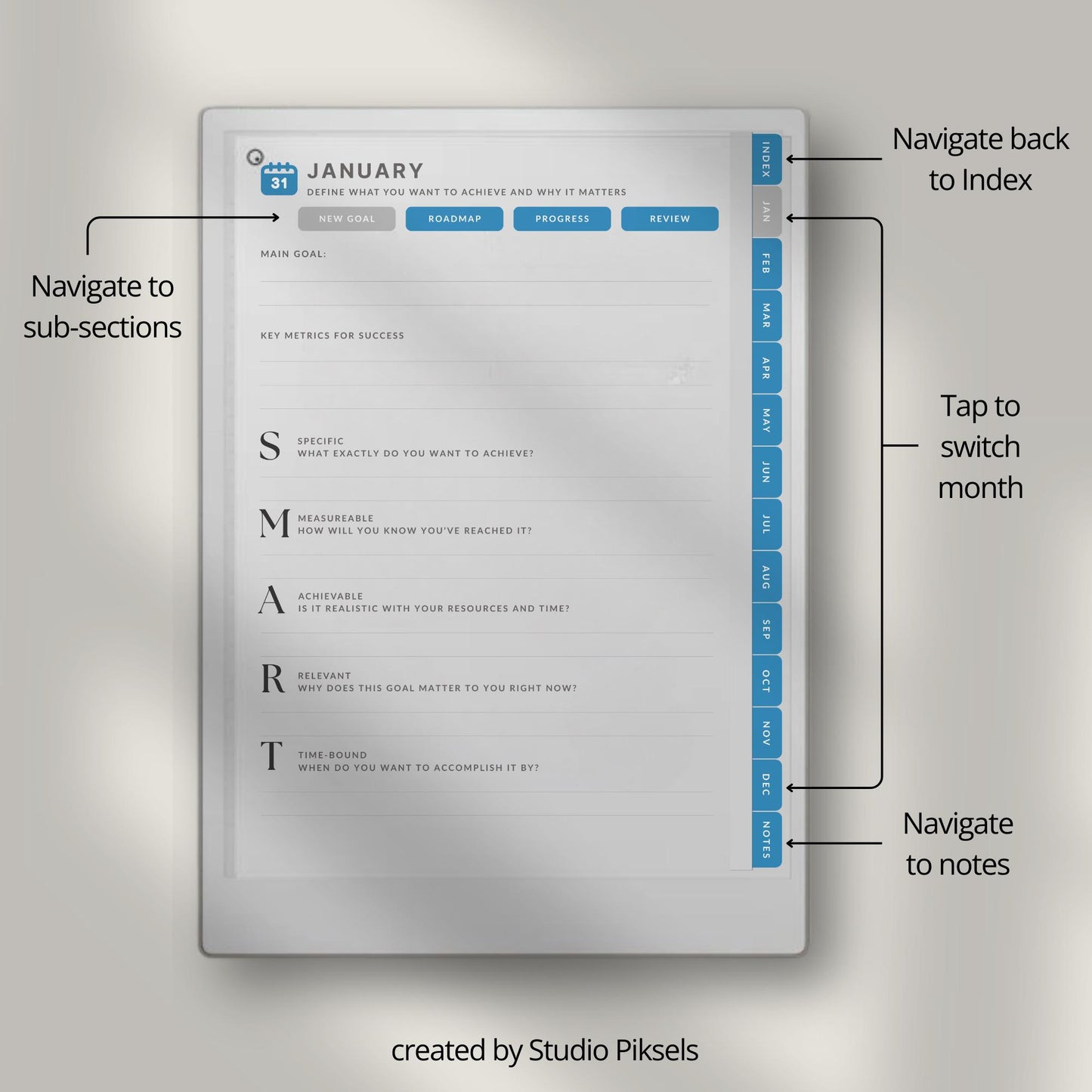 Goal planner for reMarkable Paper Pro with hyperlinked monthly planning and progress tracking pages.