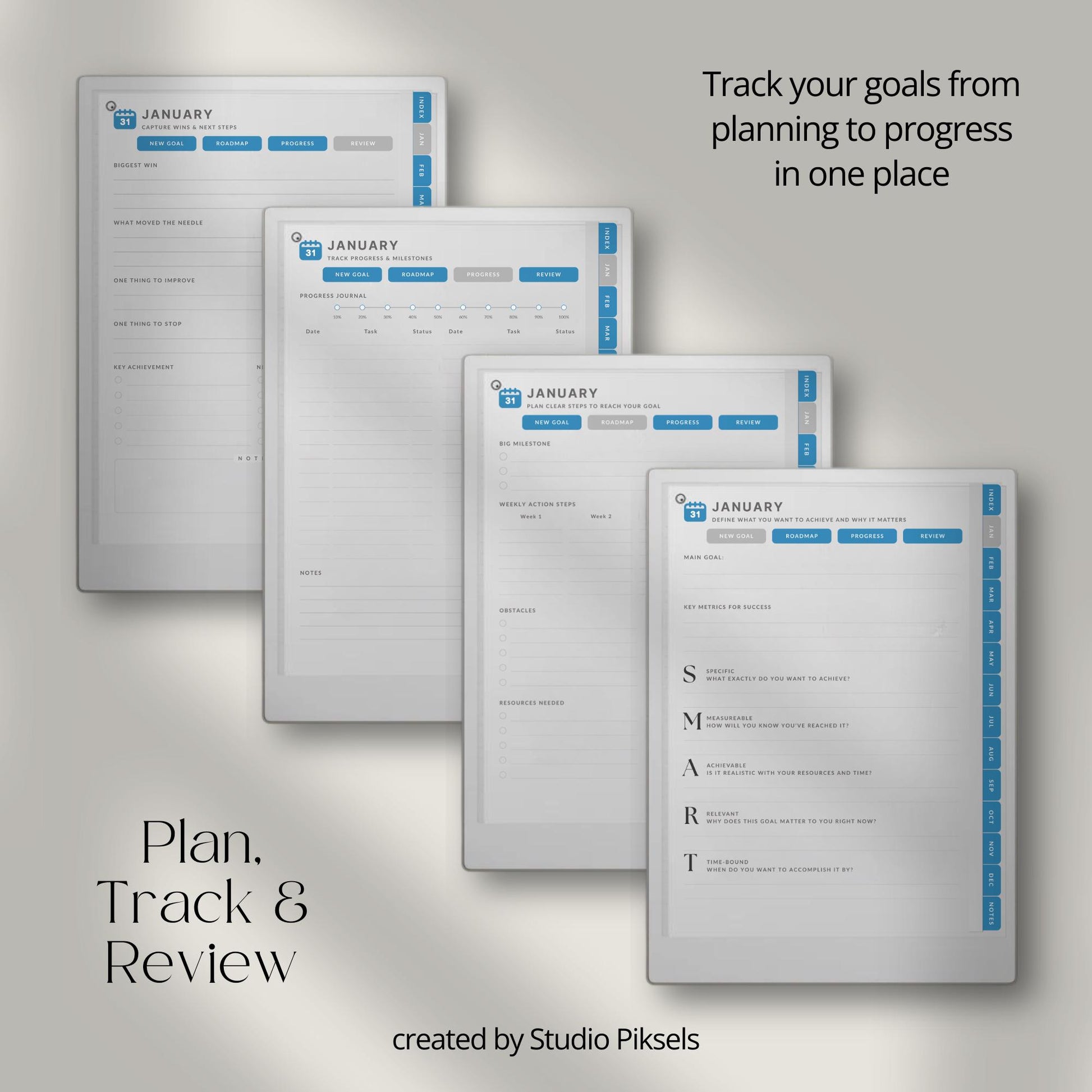 Goal planner for reMarkable Paper Pro with hyperlinked monthly planning and progress tracking pages.