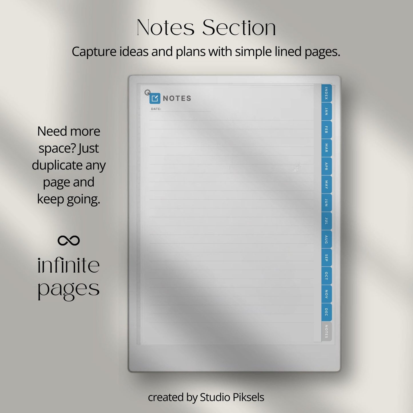 Goal planner for reMarkable Paper Pro with hyperlinked monthly planning and progress tracking pages.