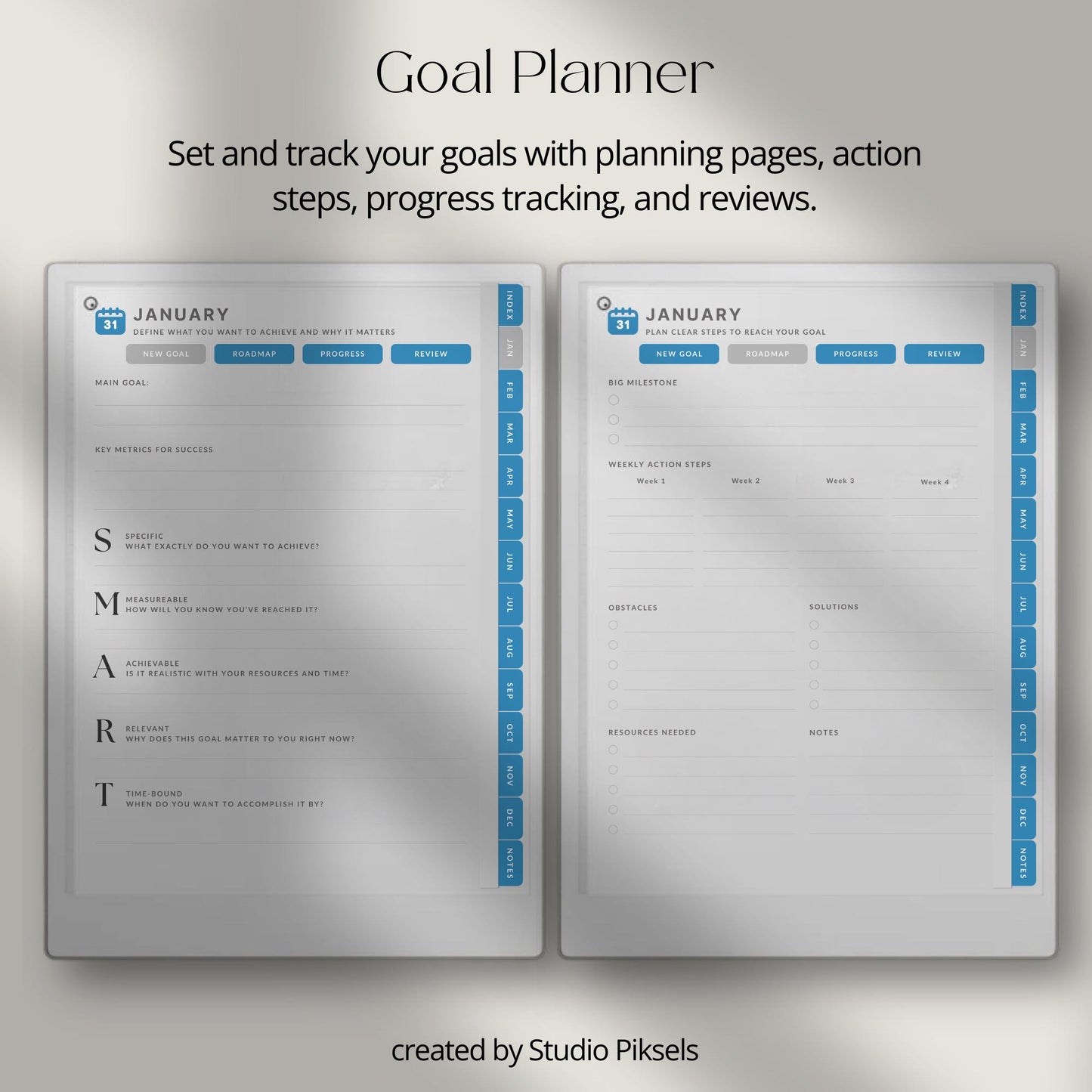 Goal planner for reMarkable Paper Pro with hyperlinked monthly planning and progress tracking pages.