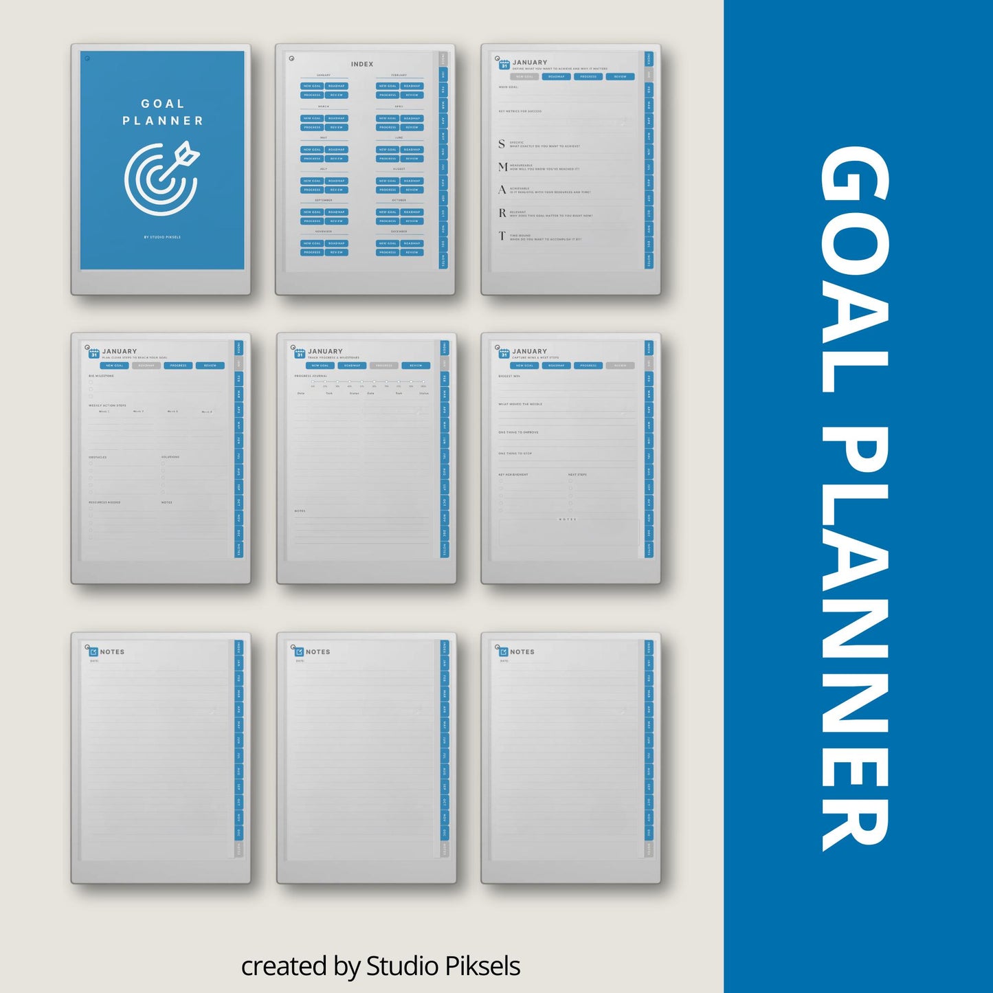 Goal planner for reMarkable Paper Pro with hyperlinked monthly planning and progress tracking pages.