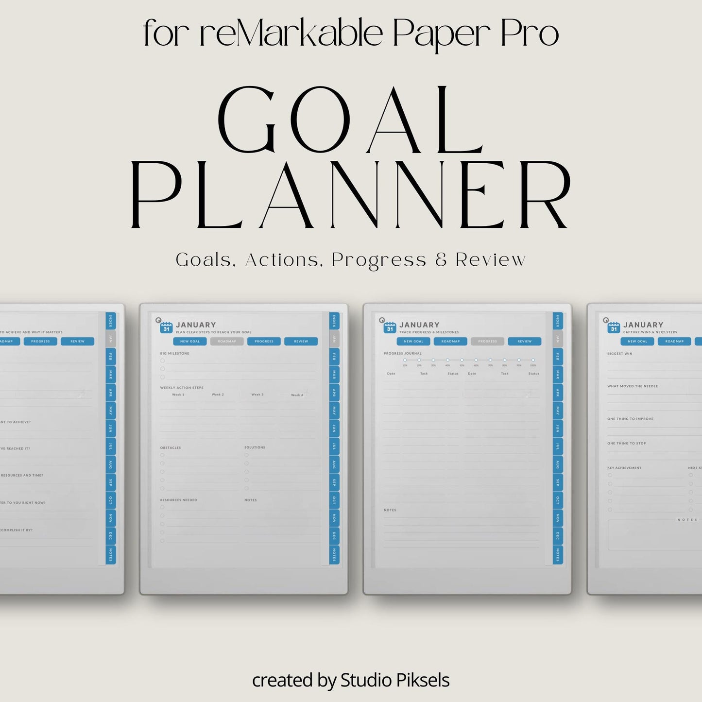 Goal planner for reMarkable Paper Pro with hyperlinked monthly planning and progress tracking pages.