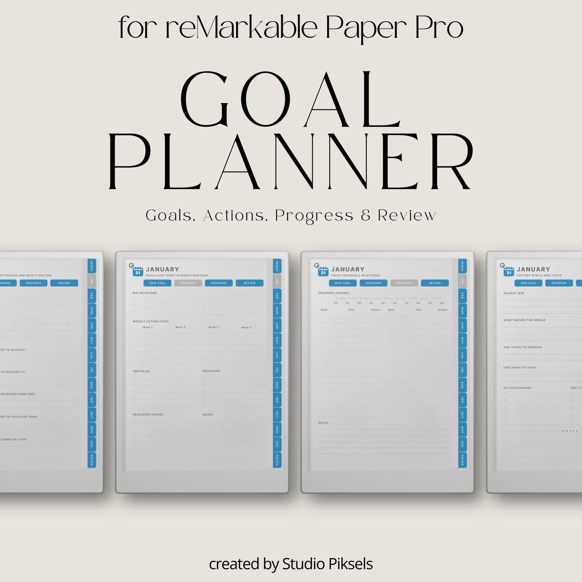 Goal planner for reMarkable Paper Pro with hyperlinked monthly planning and progress tracking pages.