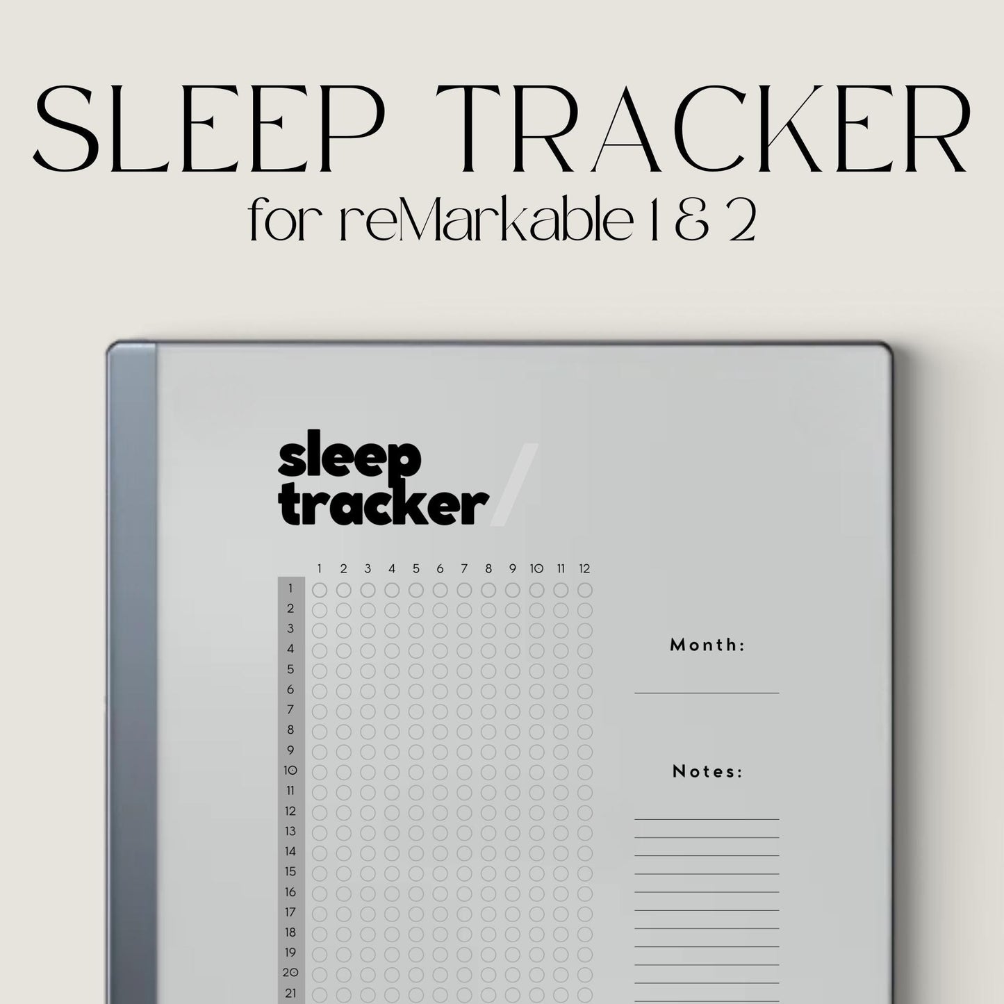 Monthly Sleep Tracker for reMarkable 2 and reMarkable Paper Pure featuring reusable sleep monitoring layouts, daily sleep tracking sections, and minimalist wellness notes pages