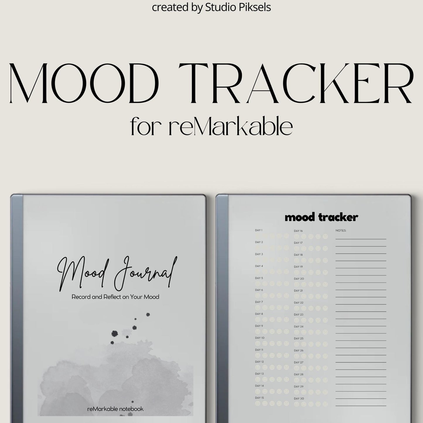 Yearly digital mood tracker for reMarkable Paper Pure and reMarkable 2 with monthly emotional tracking layouts