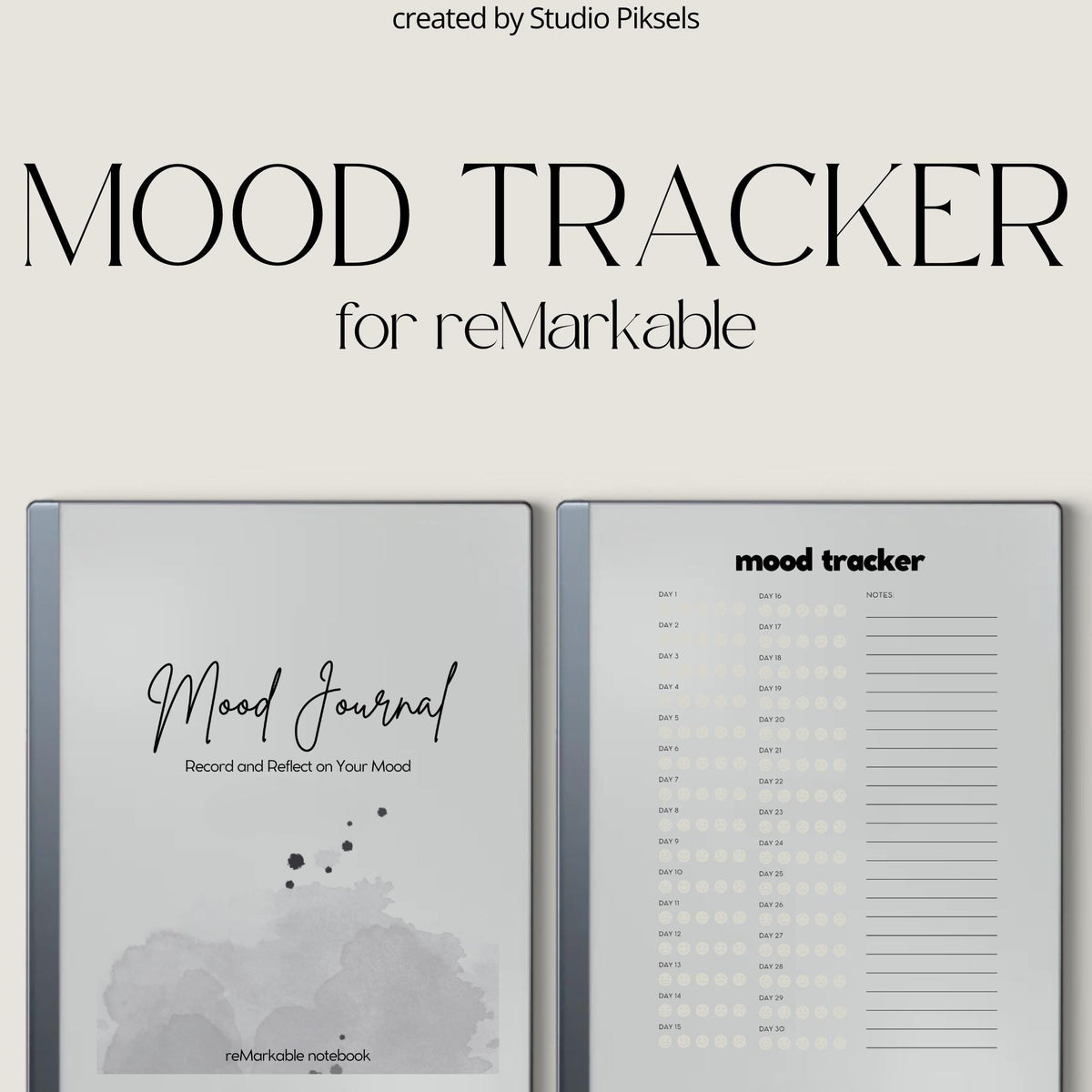 Yearly digital mood tracker for reMarkable Paper Pure and reMarkable 2 with monthly emotional tracking layouts