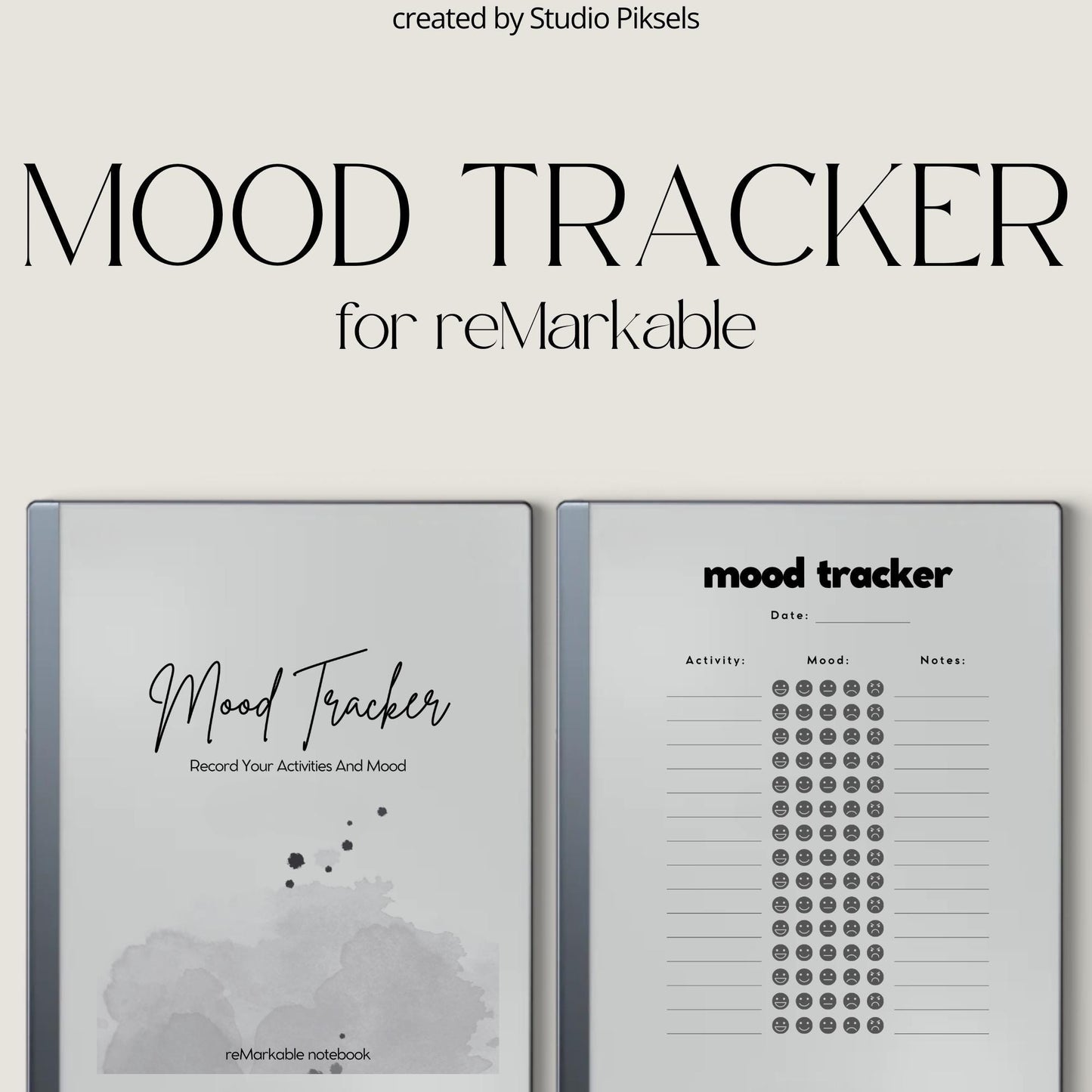 Digital mood tracker for reMarkable Paper Pure and reMarkable 2 with reusable wellness journal and daily reflection pages
