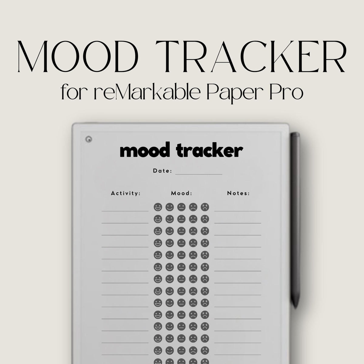 Digital Mood Tracker Template for reMarkable Paper Pro featuring daily mood logging pages with emotion tracking sections, activity tracking space, reflection notes, and reusable wellness journal layouts for mindful digital journaling and emotional awareness.