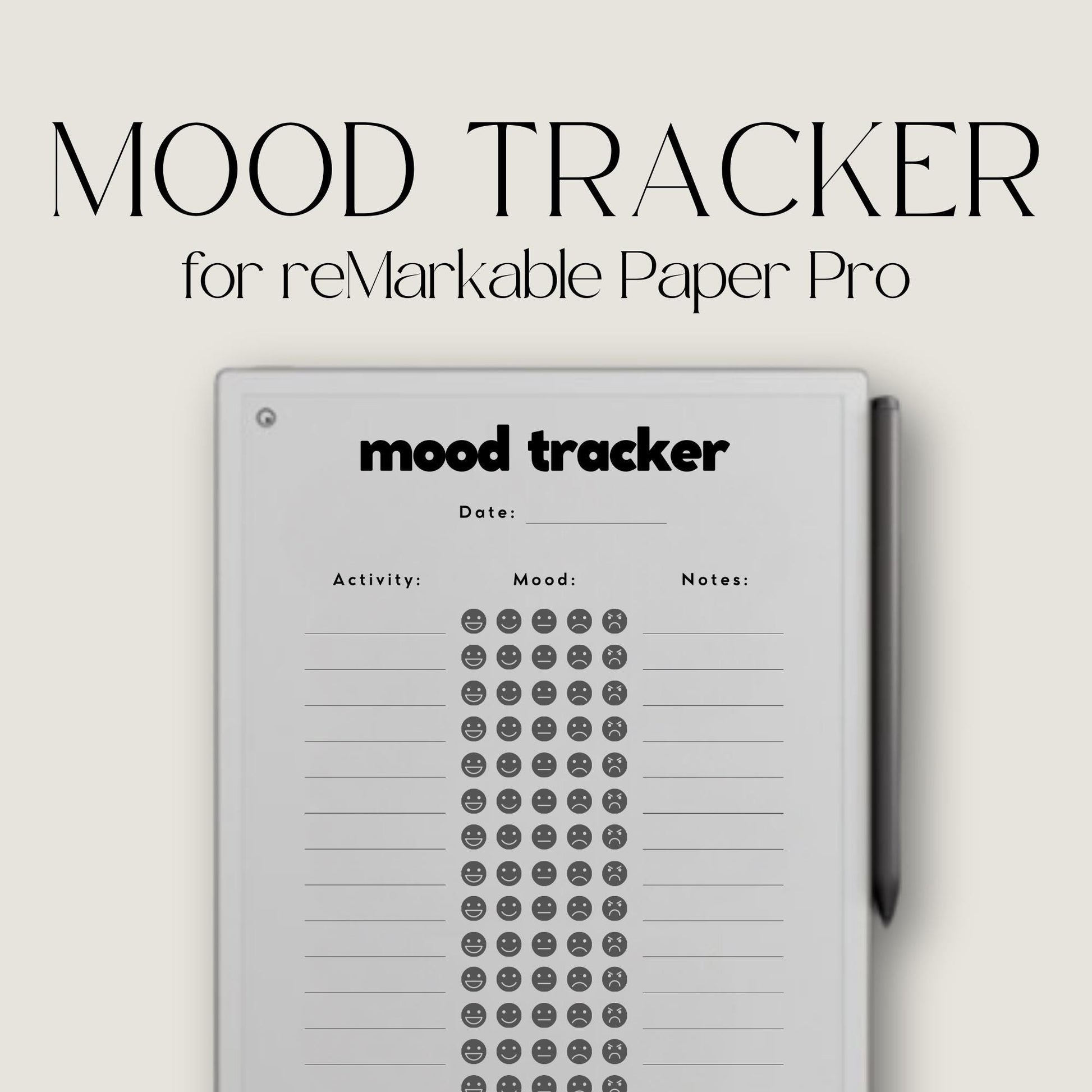 Digital Mood Tracker Template for reMarkable Paper Pro featuring daily mood logging pages with emotion tracking sections, activity tracking space, reflection notes, and reusable wellness journal layouts for mindful digital journaling and emotional awareness.