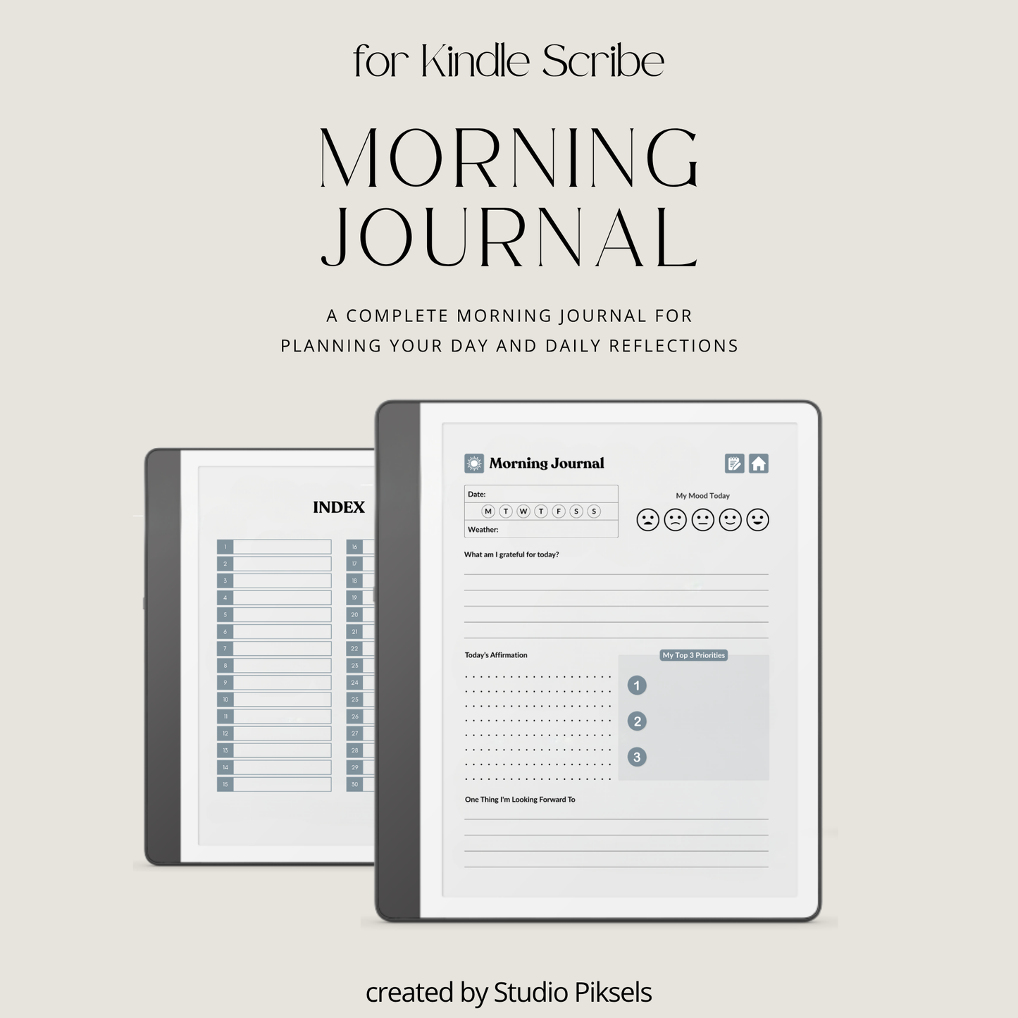 30-Day Morning Journal for Kindle Scribe featuring 30 daily morning journal pages, to-do list, lined notes, blank notes, and gray monochrome hyperlinked navigation.
