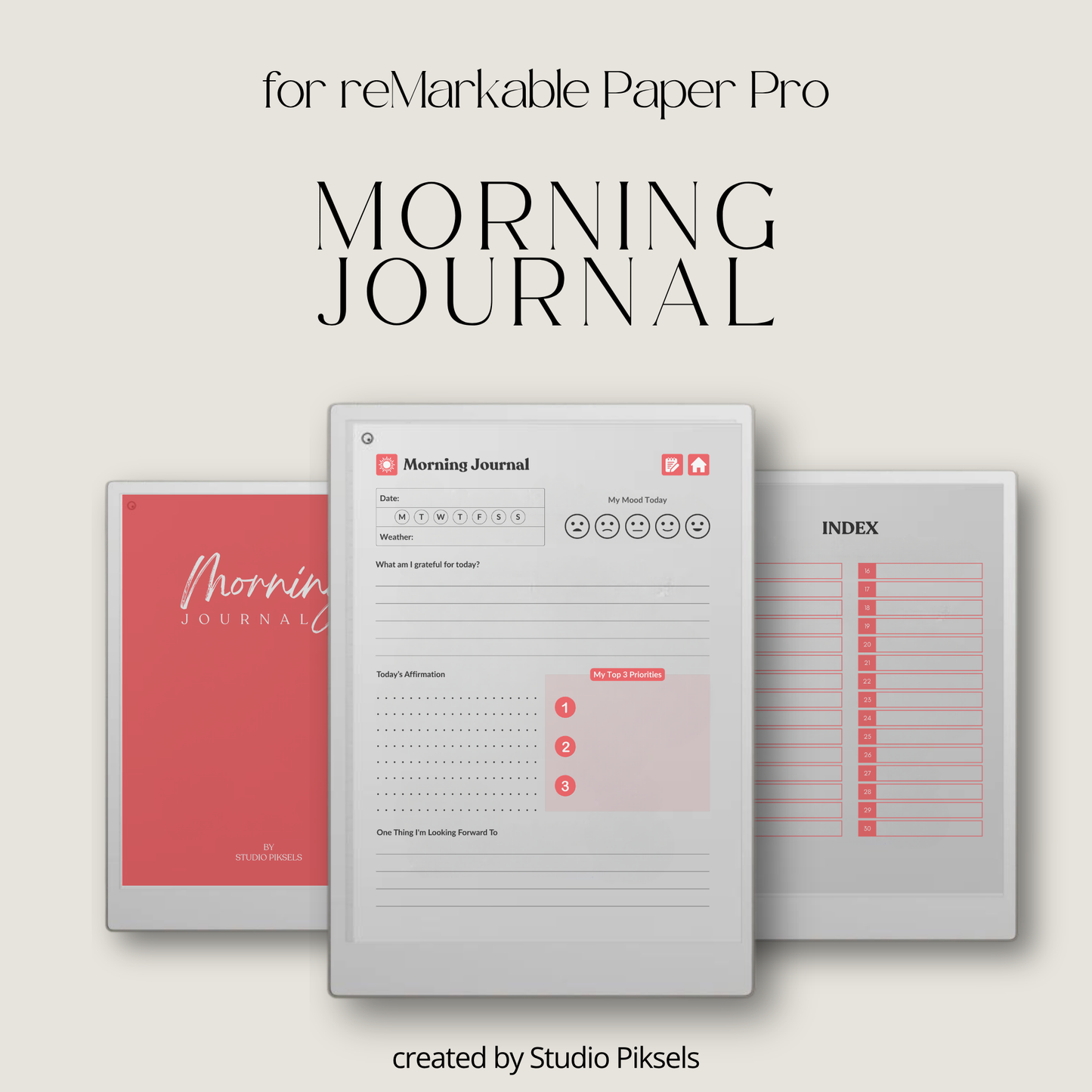 30-Day Morning Journal for reMarkable Paper Pro featuring 30 daily morning journal pages, to-do list, lined notes, blank notes, and hyperlinked navigation.