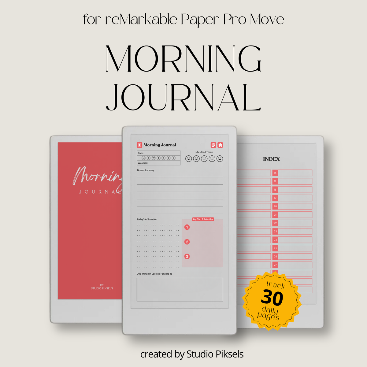 30-Day Morning Journal for reMarkable Paper Pro featuring 30 daily morning journal pages, to-do list, lined notes, blank notes, and hyperlinked navigation.