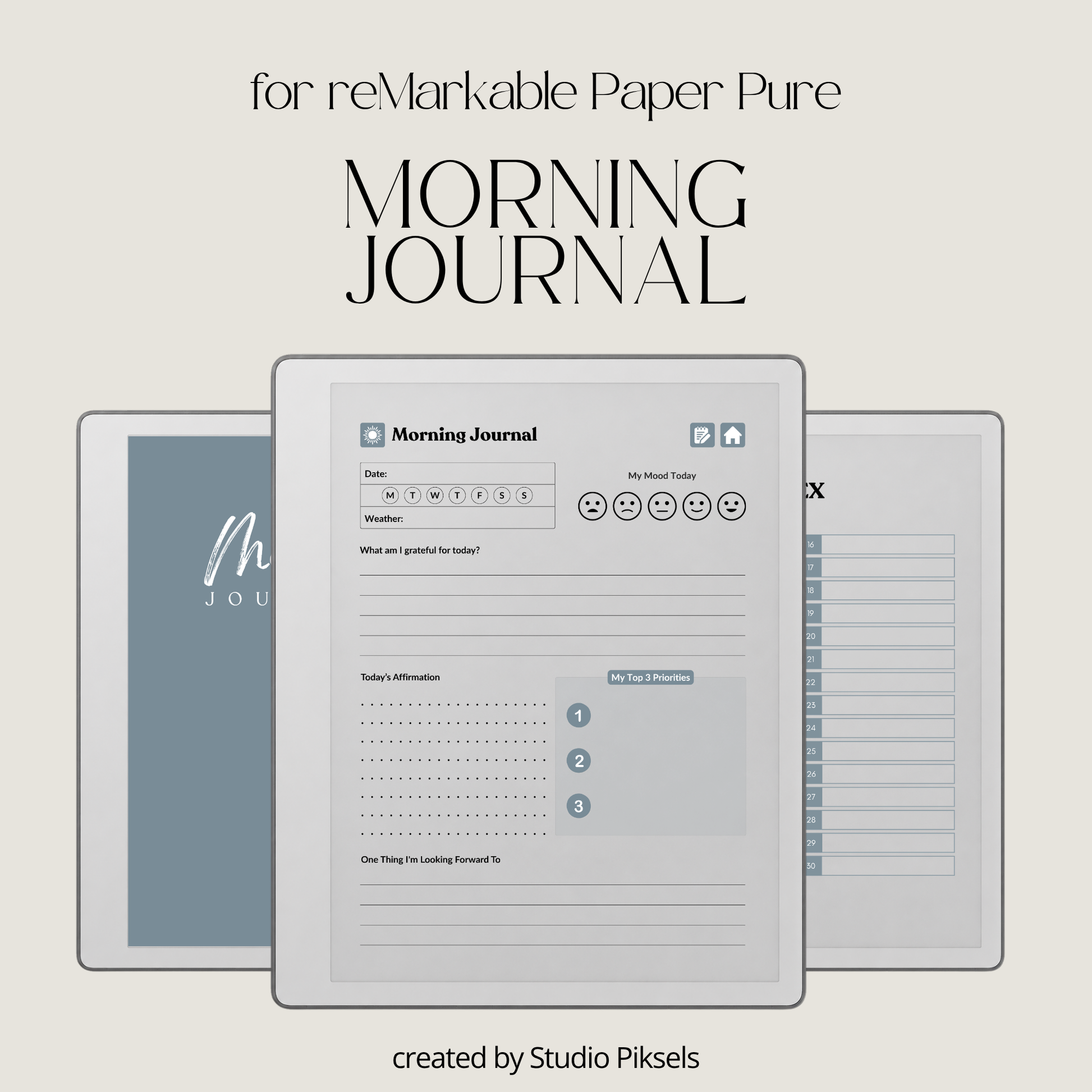 30-Day Morning Journal for reMarkable Paper Pure featuring 30 daily morning journal pages, to-do list, lined notes, blank notes, and gray monochrome hyperlinked navigation.