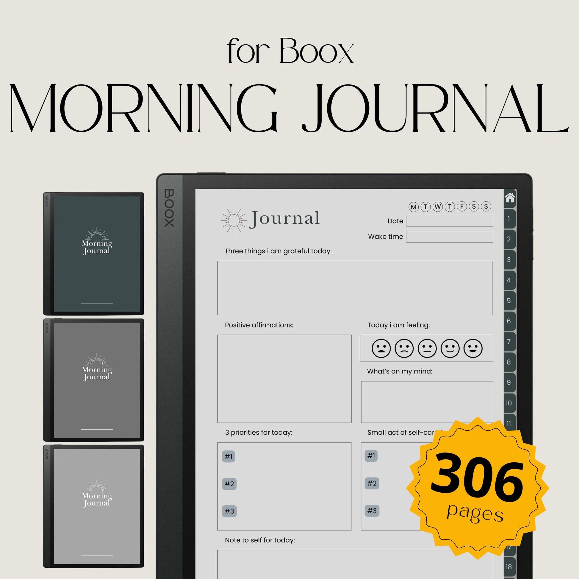 Morning Journal Bundle for BOOX with hyperlinked gratitude pages, mindfulness prompts, and grayscale digital journaling layouts.