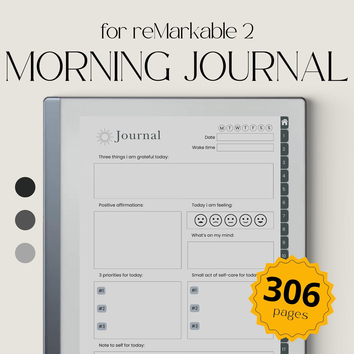 Morning Journal Bundle PDF for reMarkable 2 and Paper Pure with grayscale reflection pages, gratitude prompts, and hyperlinked navigation