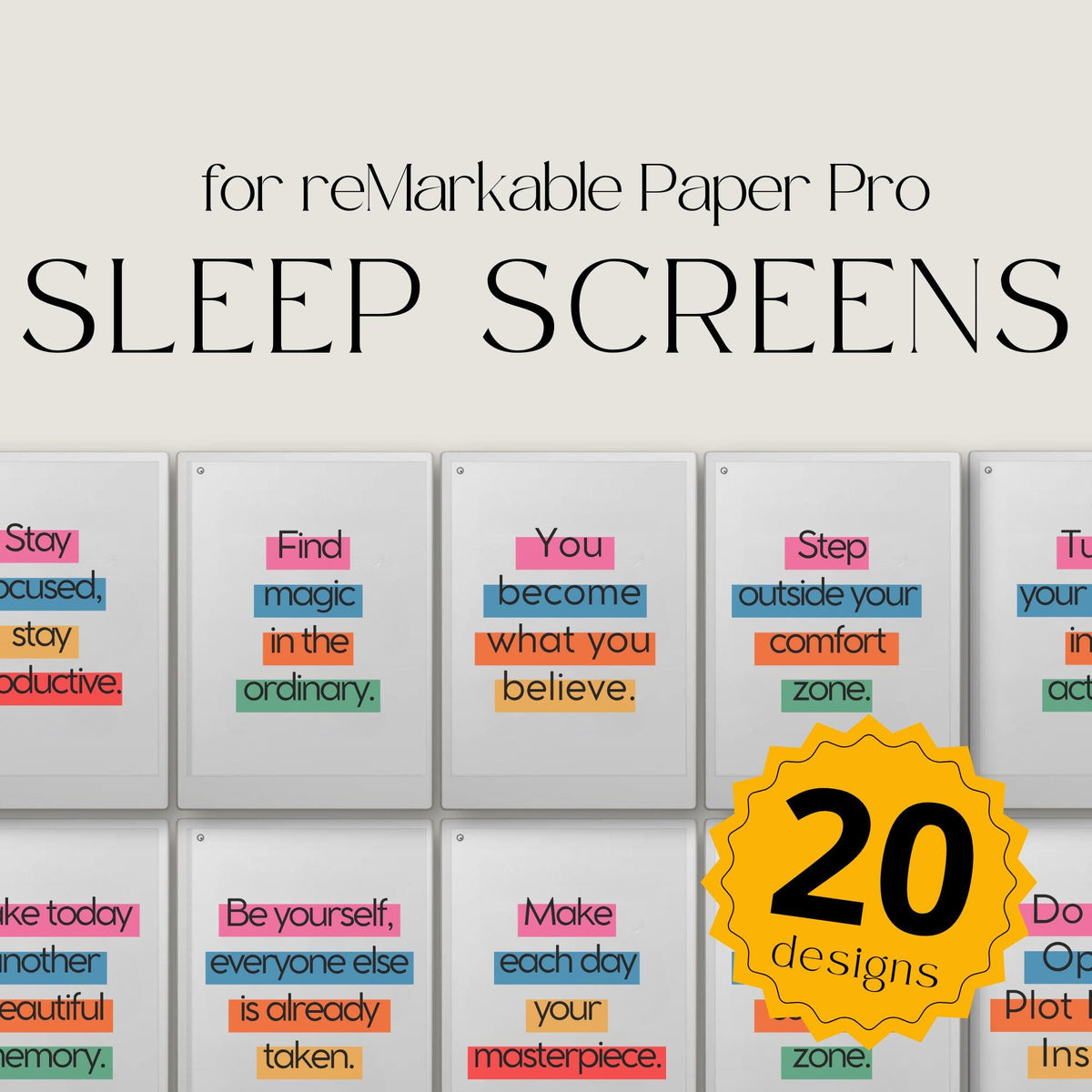Motivational Sleep Screen Bundle for reMarkable Paper Pro with 20 inspirational quote wallpapers, bold typography designs, colorful digital sleep screens, and high-resolution PNG artwork for E Ink tablets.
