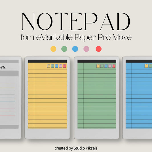 Hyperlinked color digital notebook for reMarkable Paper Pro Move with five colored paper sections and reusable writing pages