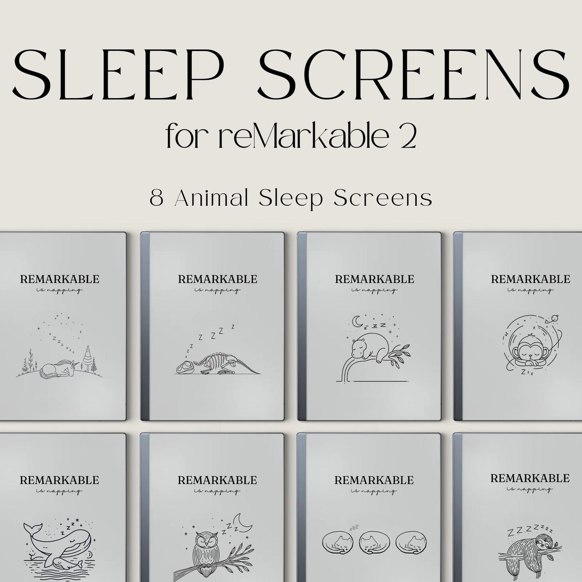 Napping animals sleep screen bundle for reMarkable 2 and reMarkable Paper Pure with cute sleeping animal line art PNG designs