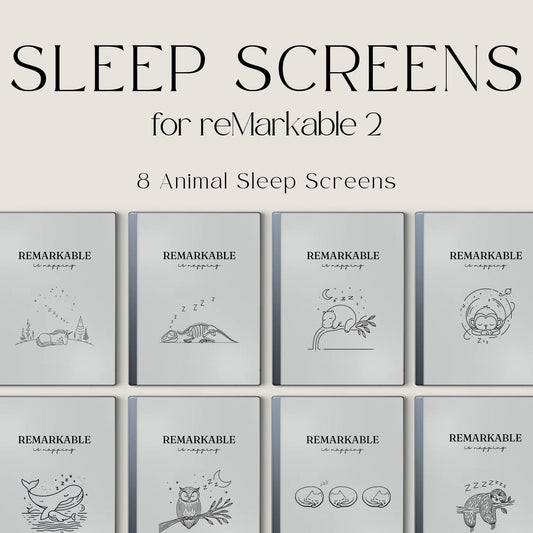 Napping animals sleep screen bundle for reMarkable 2 and reMarkable Paper Pure with cute sleeping animal line art PNG designs