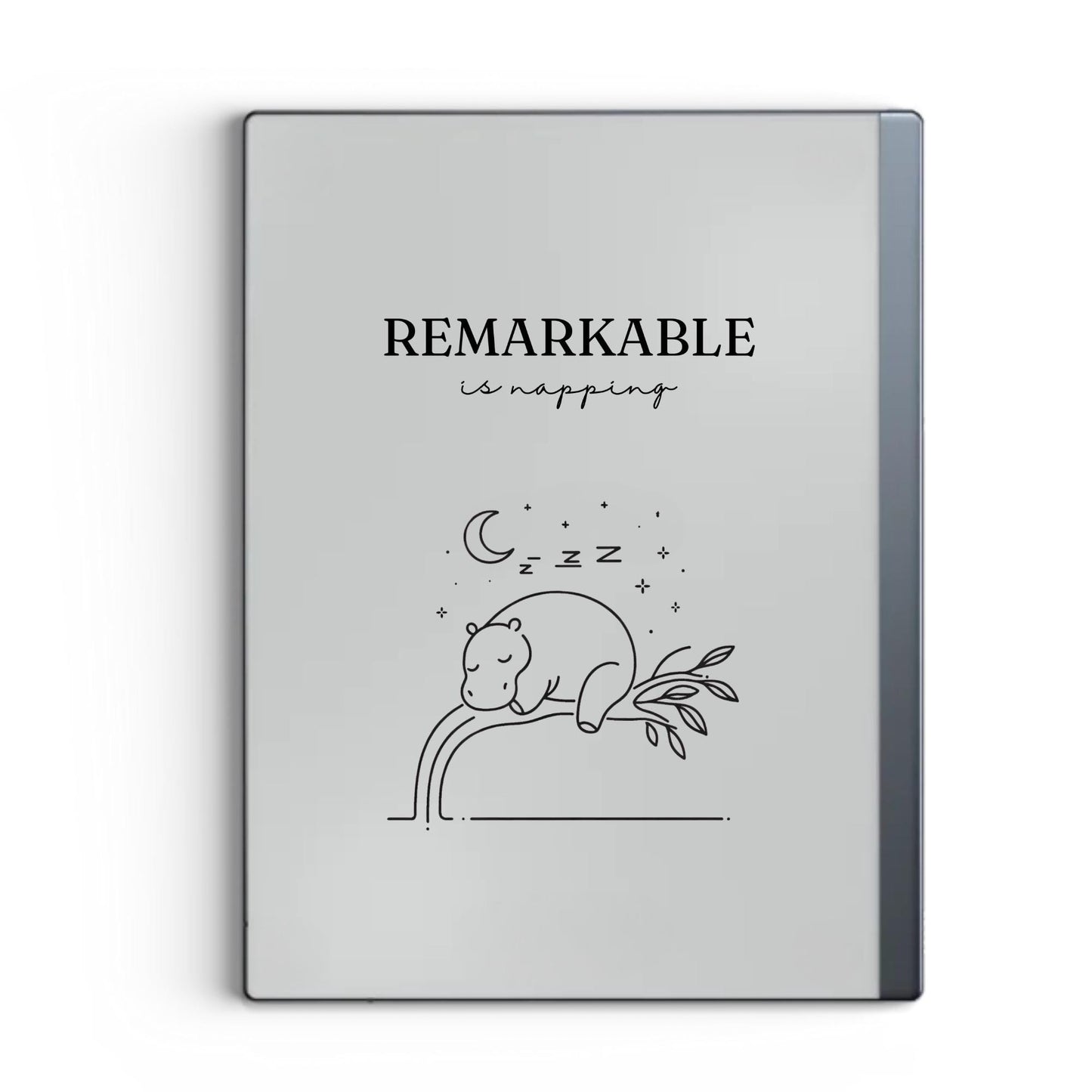 Napping hippo sleep screen for reMarkable 2 and reMarkable Paper Pure with cute minimalist animal line art in PNG format