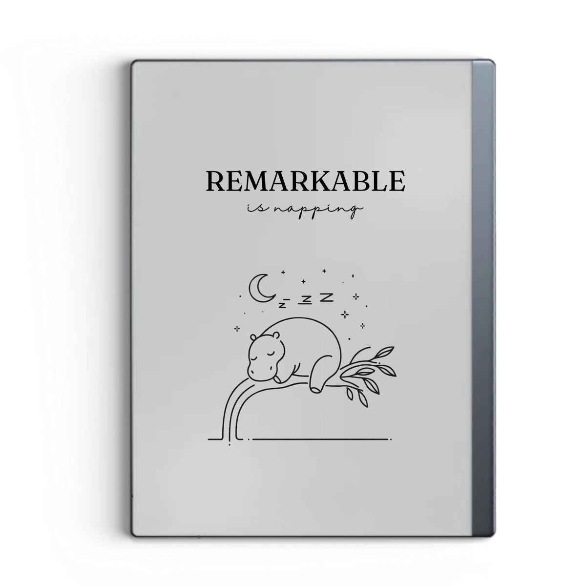 Napping hippo sleep screen for reMarkable 2 and reMarkable Paper Pure with cute minimalist animal line art in PNG format