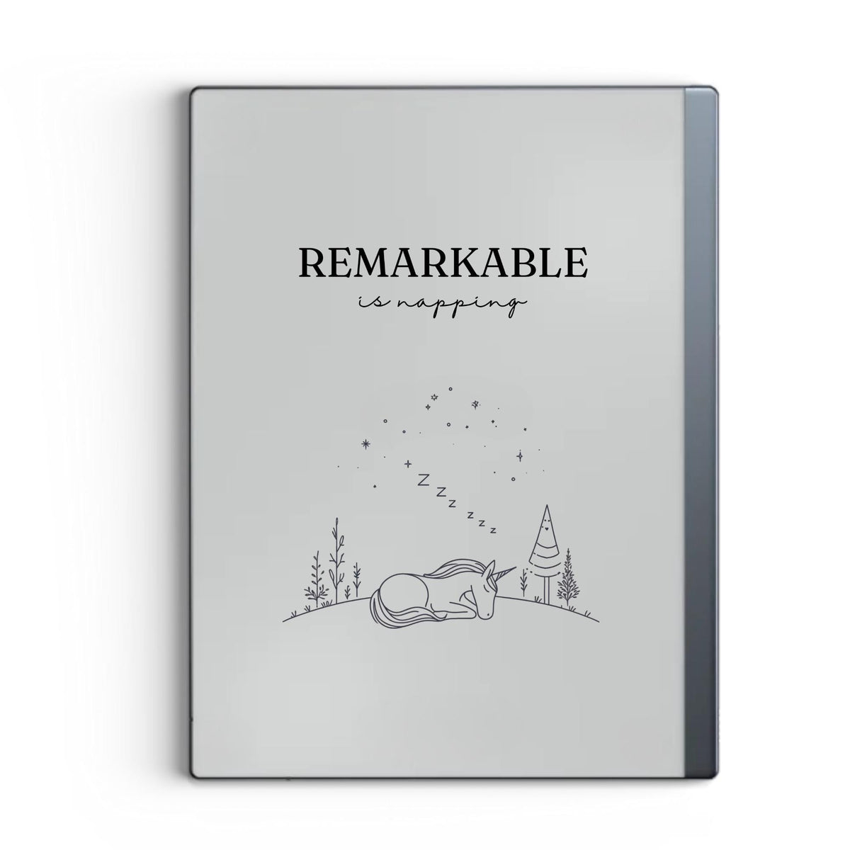 Napping unicorn sleep screen for reMarkable 2 and reMarkable Paper Pure with cute fantasy unicorn artwork in PNG format