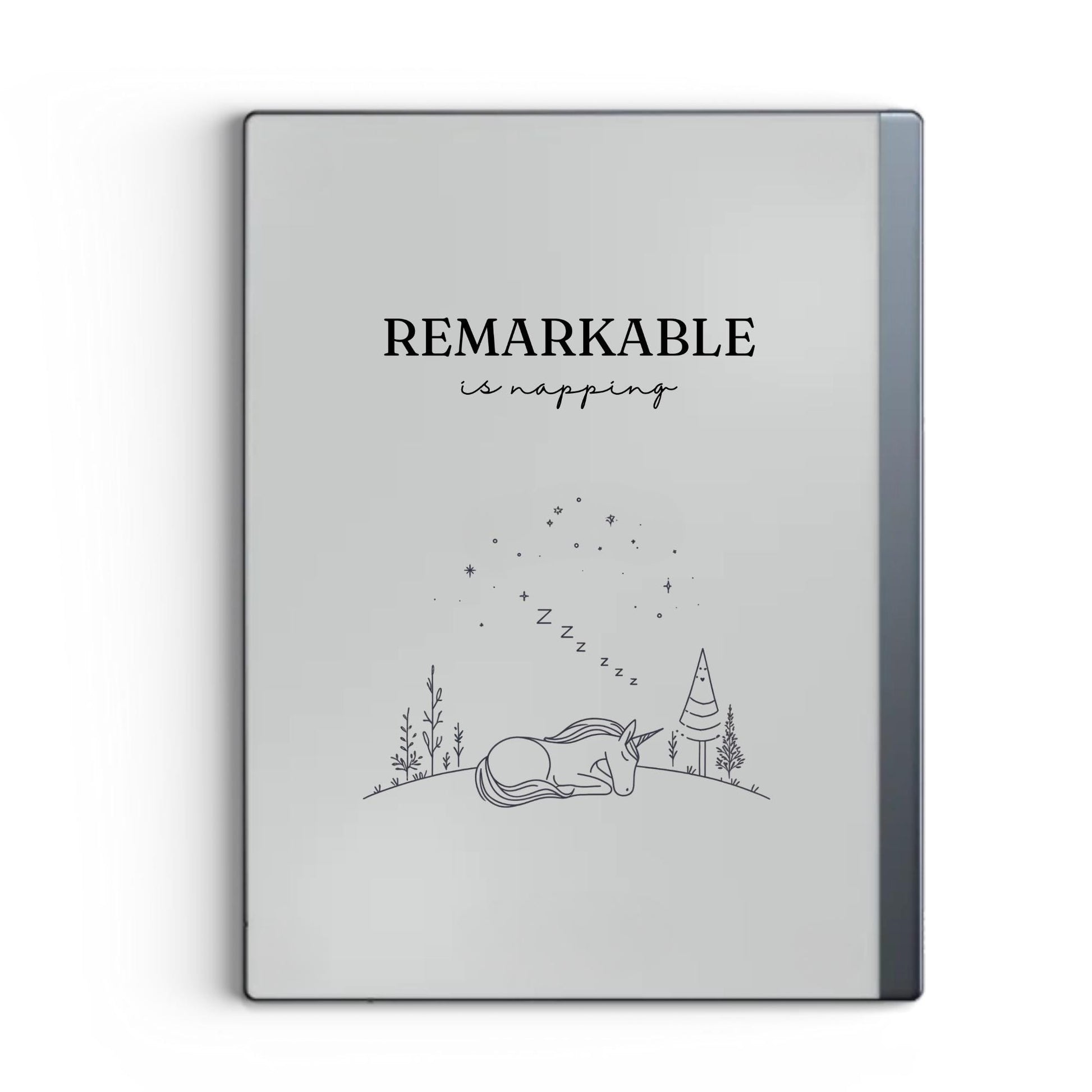 Napping unicorn sleep screen for reMarkable 2 and reMarkable Paper Pure with cute fantasy unicorn artwork in PNG format