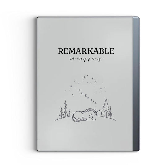 Napping unicorn sleep screen for reMarkable 2 and reMarkable Paper Pure with cute fantasy unicorn artwork in PNG format