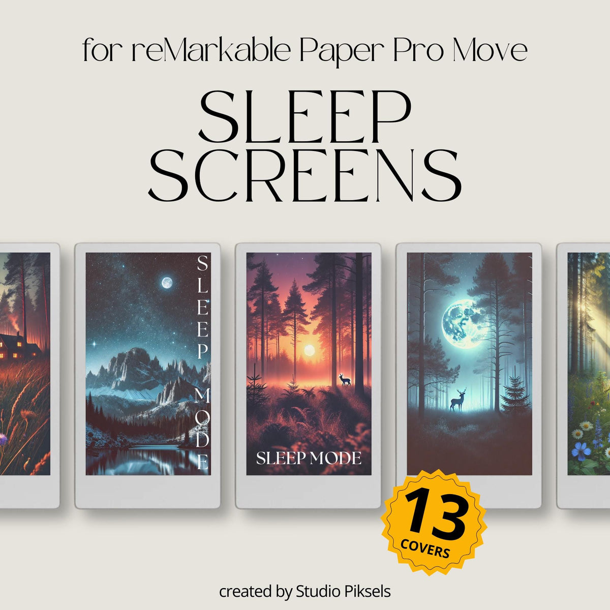 Collection of 13 nature-inspired sleep screens for reMarkable Paper Pro Move, featuring forests and mountains, with two versions per design and high-resolution PNG files.